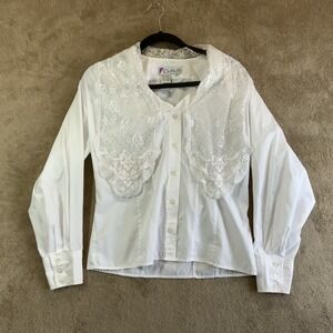 VTG White Womens 6 Button down Blouse Lace Collar Coquette Prairie Feminine